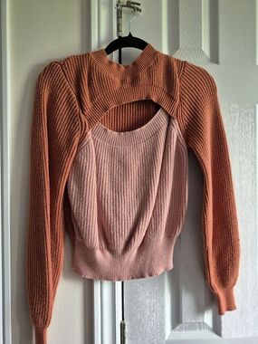 Two-Tone Pink and Rust Layered Cutout Crewneck Sweater